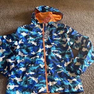 Blue Shark Camo Kids' Hooded Jacket with Orange Trim